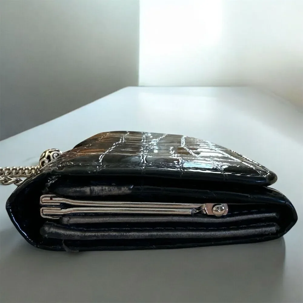 Brighton Black Crocodile Embossed Silver Floral Hardware Wallet Crossbody Chain
